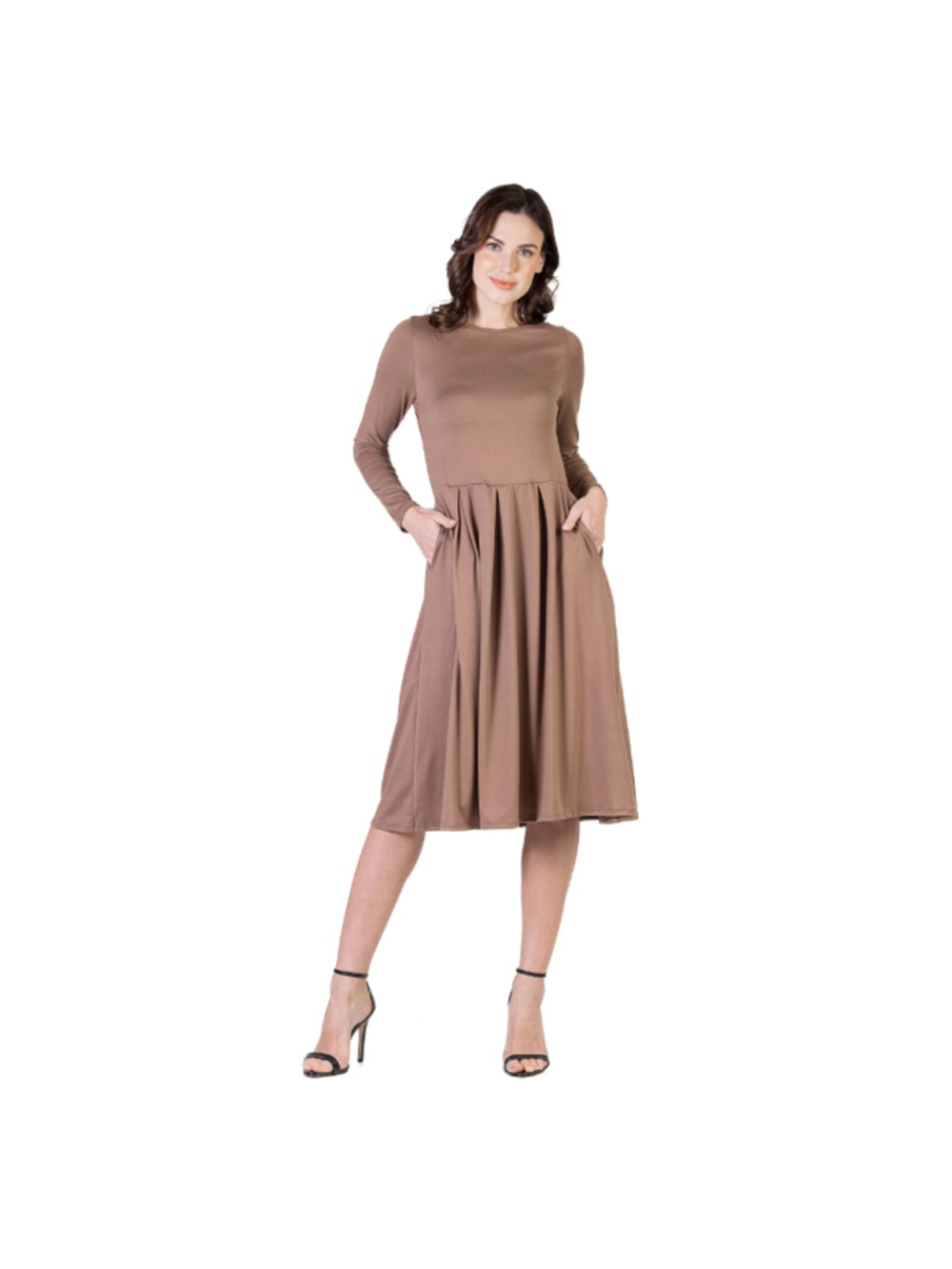 24seven Comfort Apparel XL Beige / Tan Midi Length Fit & Flare Pocket Dress NWT